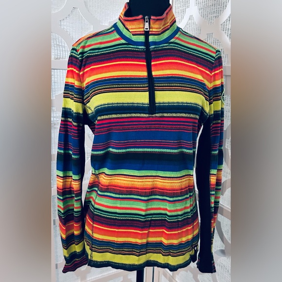 RALPH LAUREN Active Multicolor Striped Top Zip Logo Orange Yellow Blue Medium - Picture 2 of 15